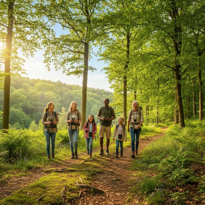 Groep wandelaars loopt door groen bos in Nederlands nationaal park op zonnige dag