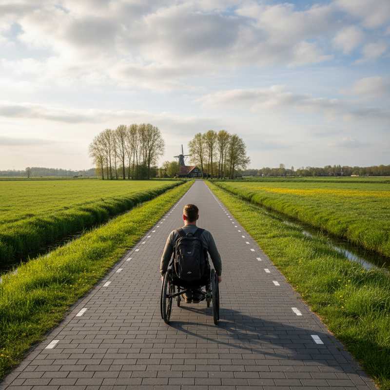 Rolstoelgebruiker op verhard pad door Nederlands landschap op het Pieterpad