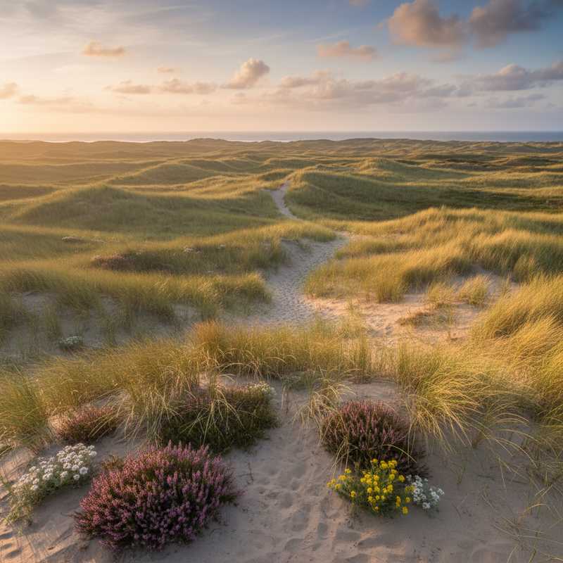 Wandelpad door duinlandschap met helmgras en wilde bloemen langs de Nederlandse kust