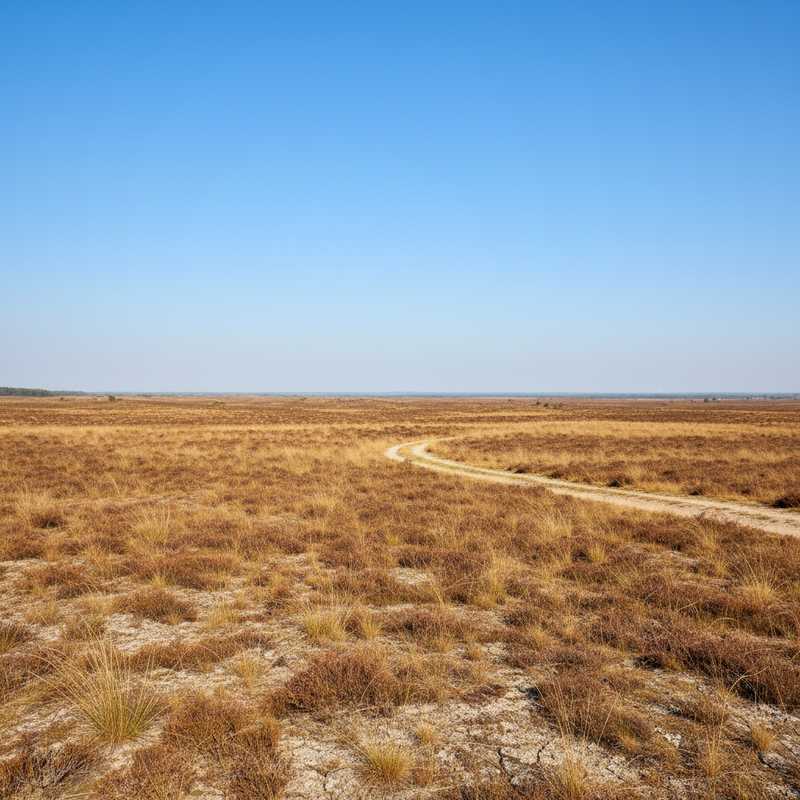 Uitgedroogd heidelandschap met vergeelde vegetatie en zandpad, symboliseert verhoogd natuurbrandrisico door droogte