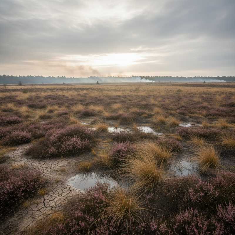 Nederlandse heidevelden met droge paarse heide en dood gras onder bewolkte lucht met subtiele rook in de verte