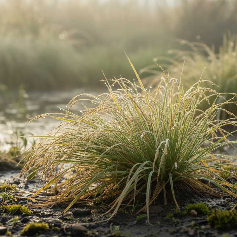 Close-up van blonde zegge gras met waterdruppels groeiend in vochtig weiland in West-Brabant