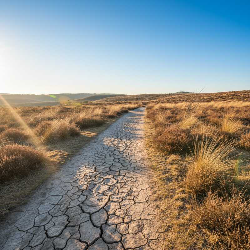 Droog wandelpad door Nederlandse heide met gebarsten grond onder heldere blauwe lucht en fel zonlicht