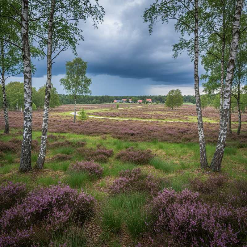 Donkere onweerswolken boven groen Nederlandse heideveld met paarse heide en berken in het voorjaar