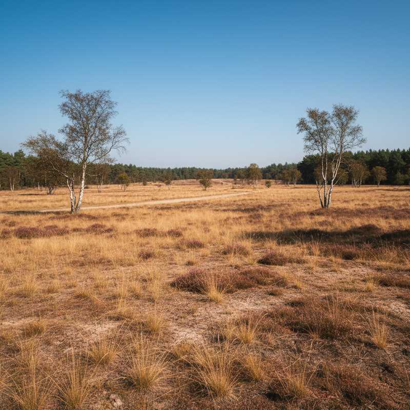 Droog heidelandschap in Nederland met verdord gras en struikgewas onder een heldere zomerhemel