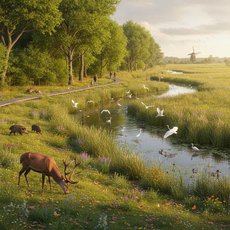 Bloeiend Nederlands natuurgebied met groen bos, water en wandelpaden die de veerkracht van de natuur tonen