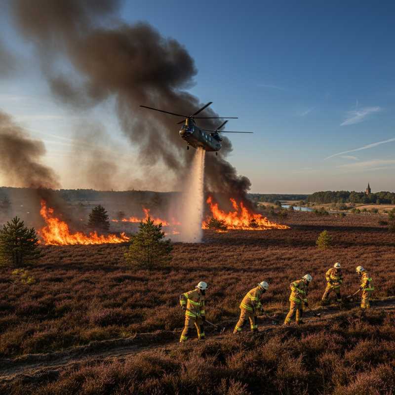 Grote natuurbrand met oranje vlammen door droge heide, helikopter boven brandend landschap, brandweerlieden aan het werk