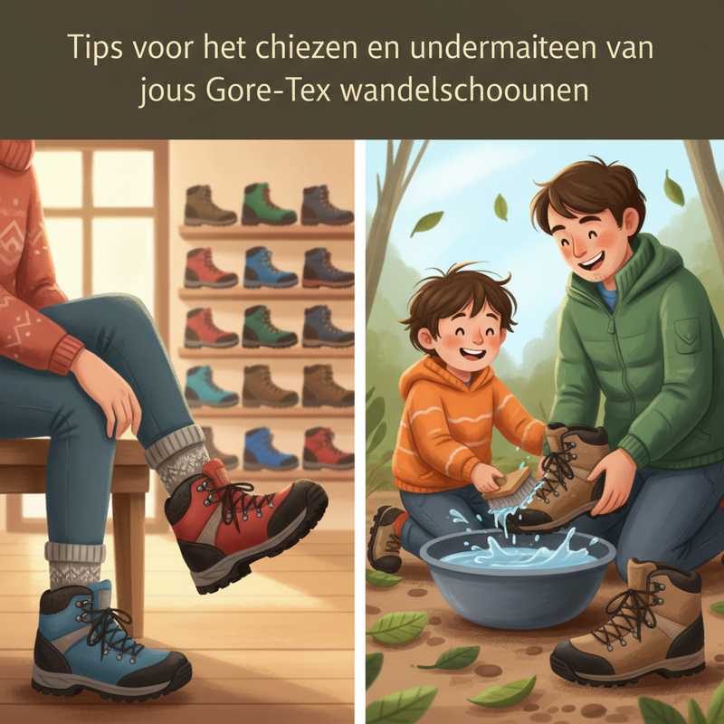 Een kleurrijke tekening van twee scènes: links past een persoon een wandelschoen met ruimte voor de tenen, rechts helpt een kind een volwassene met het schoonmaken van een modderige wandelschoen met een borstel en water.