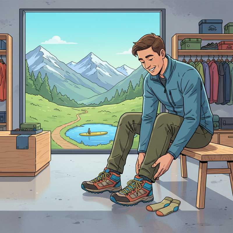 Een persoon zit in een outdoorwinkel en past zorgvuldig een wandelschoen, voelend aan de voorkant voor de juiste pasvorm. Door een raam is een kleurrijk buitenlandschap te zien met een berg, een pad en een supboard op het water, wat de link legt tussen de schoen en toekomstige avonturen.