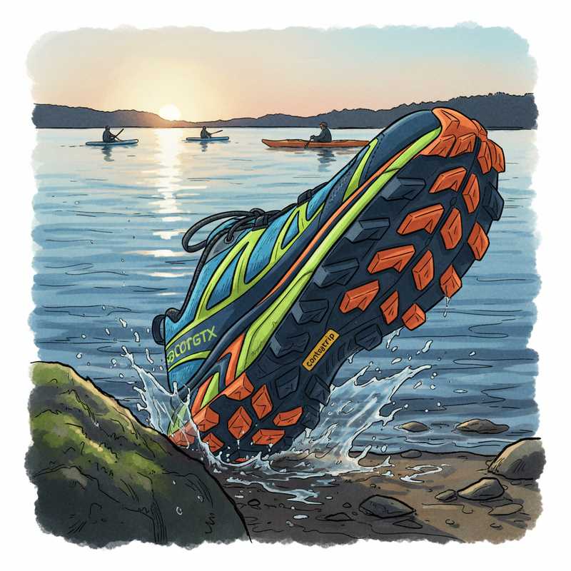 Illustratie van een schoen met een zichtbare Contagrip MA zool, stevig staand op een natte, modderige ondergrond met mos, nabij de oever van een rivier. De diepe, multidirectionele noppen van de zool zijn duidelijk zichtbaar.