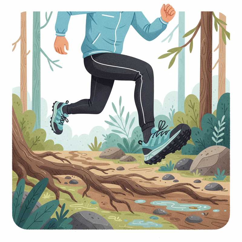 Illustratie van een persoon die dynamisch rent over een technisch bospad met rotsen en boomwortels. De trailschoenen zijn duidelijk zichtbaar en bieden stabiliteit en bescherming tegen de ruige ondergrond. De scène straalt vertrouwen en snelheid uit.