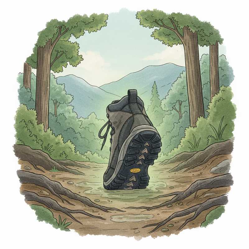 Een tekening van een voet in een stevige wandelschoen, geplaatst op een modderig bospad met wortels. Een groene gloed omringt de schoen, symboliserend technologie en natuurharmonie. Op de achtergrond zijn bomen te zien.