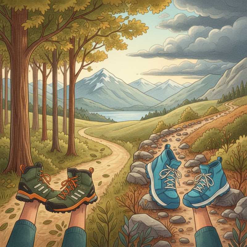 Een illustratie in kleurrijke tekenstijl toont twee paden. Links leiden goed passende wandelschoenen door een gevarieerd berglandschap met comfort. Rechts struikelen ongemakkelijke voeten op een rotsachtig pad, symboliserend een miskoop.