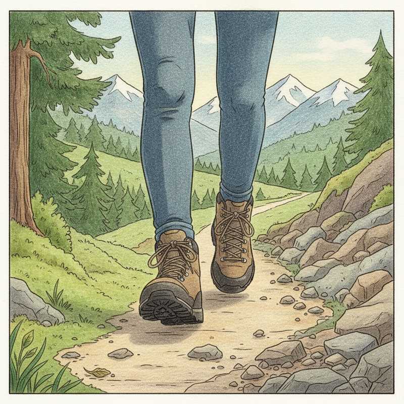 Een illustratie in tekenfilmstijl van een persoon die comfortabel en ritmisch over een pad wandelt. Het pad begint als een zacht bospad en gaat over in een rotsachtig bergpad. De persoon draagt stevige, goed passende wandelschoenen. Rondom de persoon is een kleurrijk landschap te zien met bomen en bergen, wat een gevoel van harmonie en vrijheid oproept.