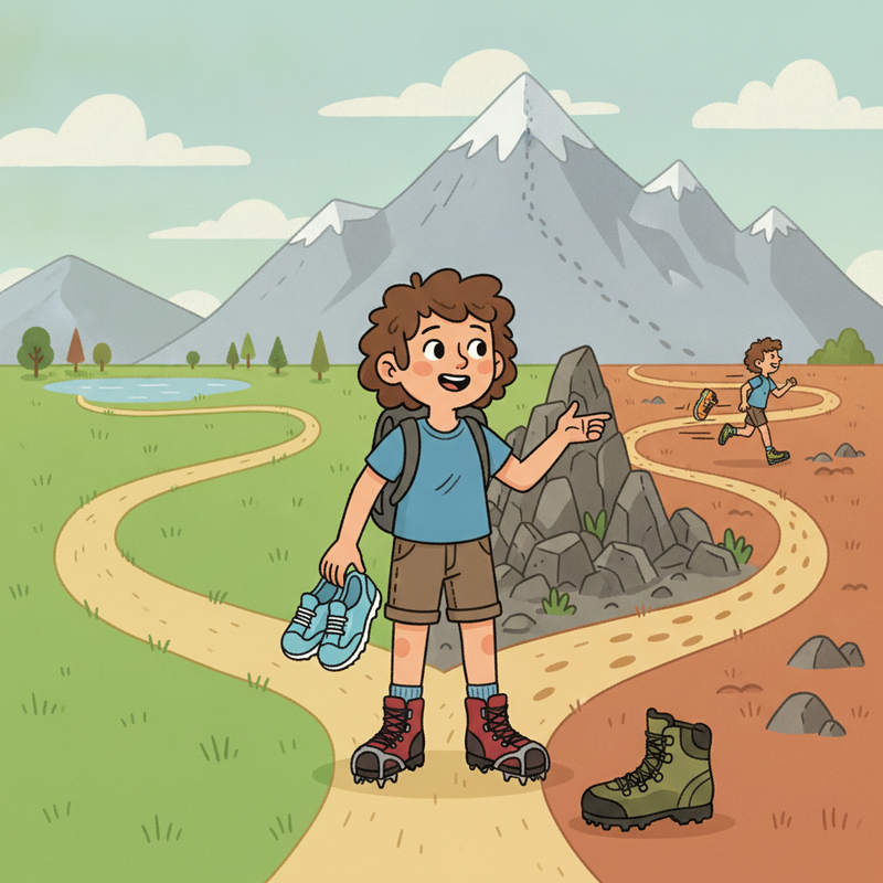 Een kleurrijke illustratie van een vrolijke wandelaar die kiest tussen vier paden, elk met een bijbehorend type wandelschoen: lage schoenen voor een park, mid-hoge voor heuvels, hoge laarzen voor bergen, en trailrunners voor een kronkelend pad.