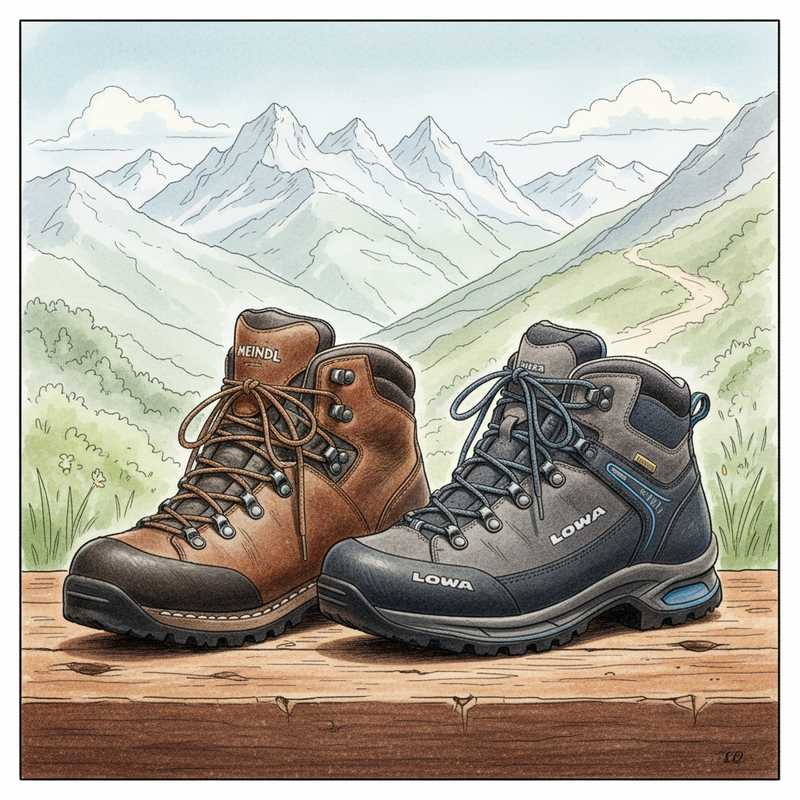Een kleurrijke tekening van twee goed onderhouden wandelschoenen. De linker schoen heeft een traditionele, gestikte zool, de rechter een meer geïntegreerde zool, beide symbolen van duurzaamheid en zorg.