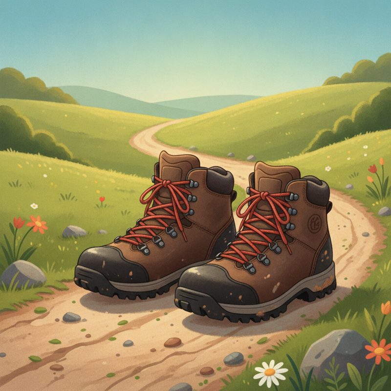 Een gedetailleerde illustratie van een paar stevige, goed onderhouden wandelschoenen op een slingerend zandpad. De achtergrond toont een rustig landschap van glooiende groene heuvels onder een helderblauwe lucht, wat een gevoel van langeafstandswandelen en betrouwbaarheid oproept.