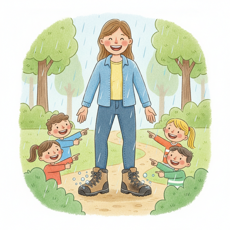 Een vrolijk getekende Sanne de Boer met kinderen in de regen. Op één wandelschoen parelt water af, terwijl op de andere het water in de stof trekt, wat duidt op een versleten DWR-laag.