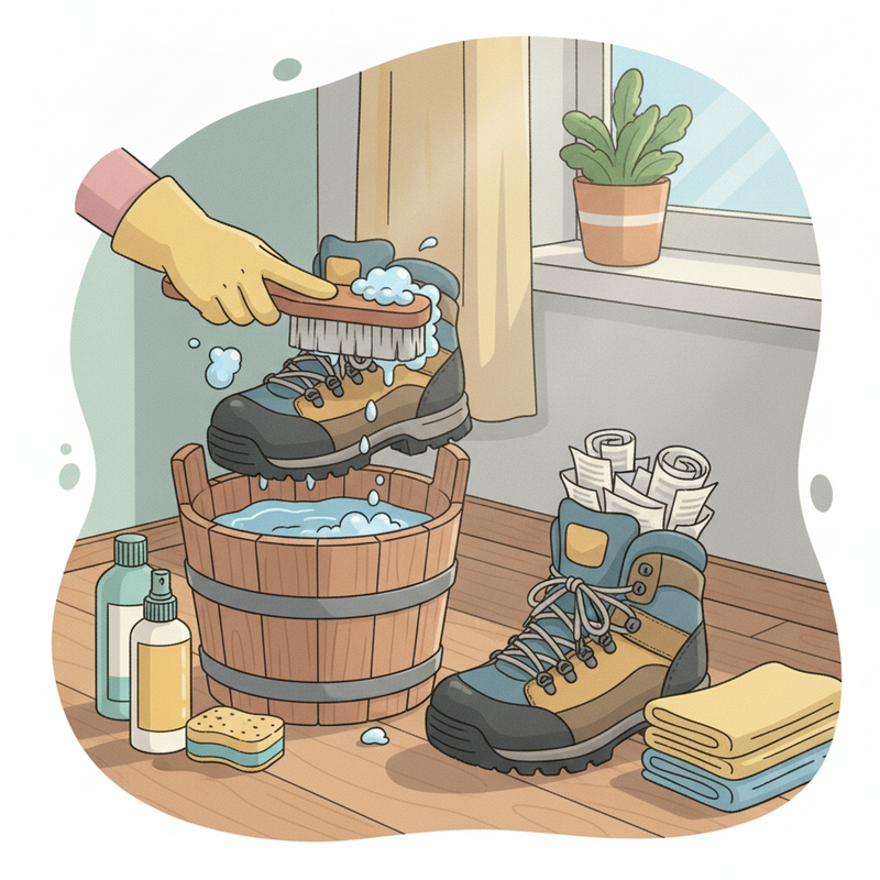 Een illustratie van een paar Gore-Tex wandelschoenen. Eén schoen wordt schoongemaakt met een borstel en water, terwijl de andere schoen droogt met kranten erin.