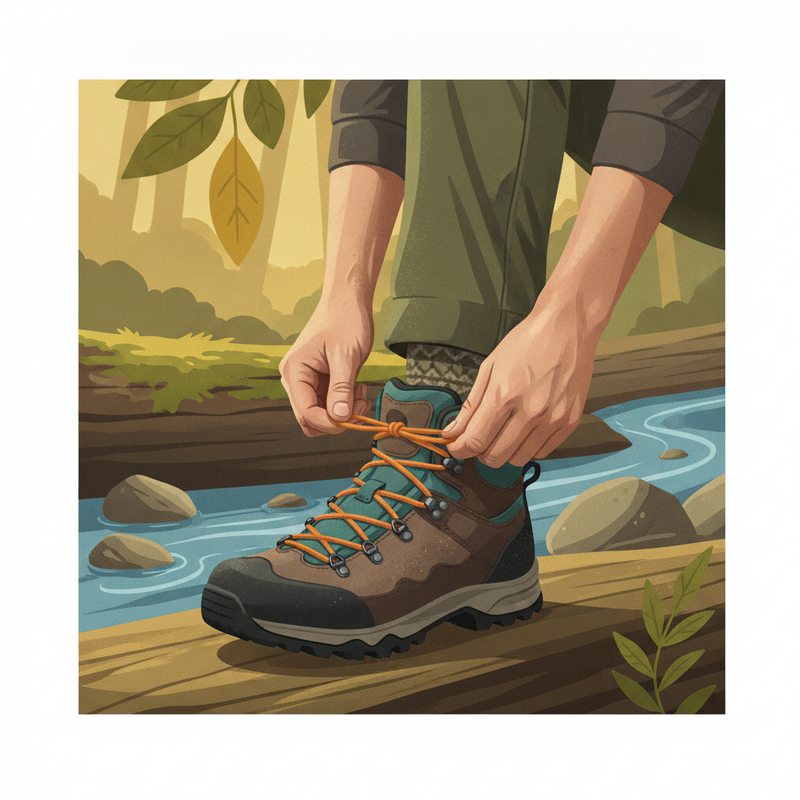 Een vrouwelijke wandelaar strikt haar waterdichte wandelschoenen met op de achtergrond subtiele elementen van verschillende terreinen, wat het belang van de juiste schoenkeuze benadrukt.
