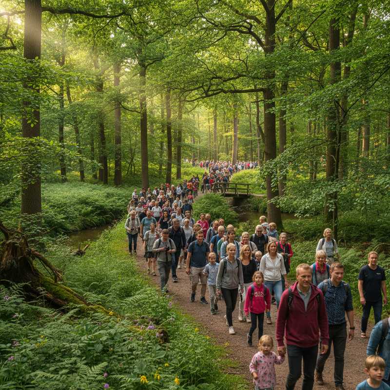 Groep wandelaars van verschillende leeftijden op bospad in Nederlands nationaal park tijdens Dag van het Nationaal Park