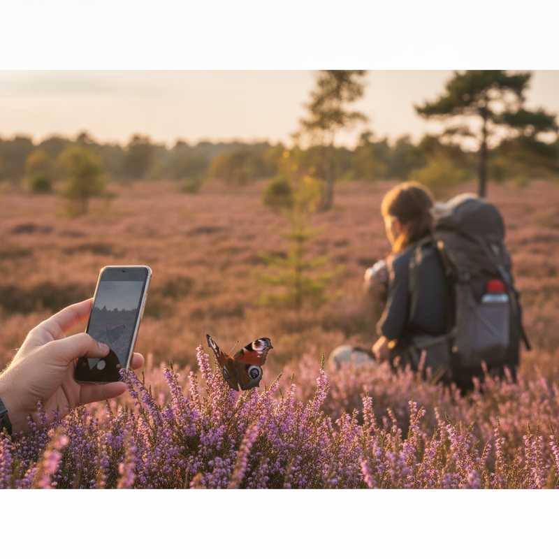 Wandelaar fotografeert vlinder op heide met smartphone tijdens Nationale Parken Soorten Challenge