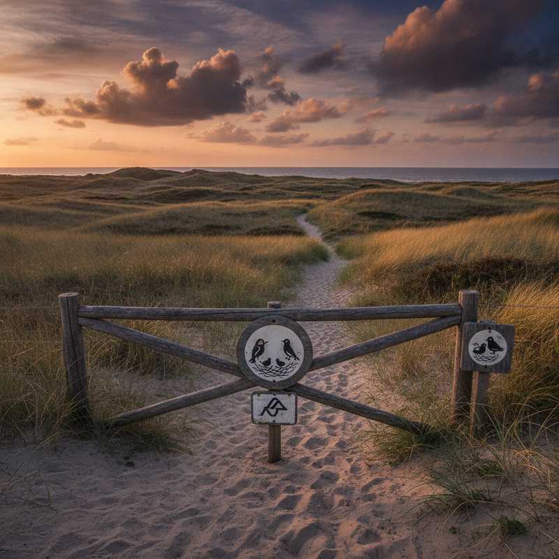 Afgesloten toegang tot duingebied op Waddeneiland met hek en waarschuwingsbord voor beschermd broedgebied