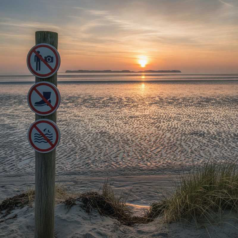 Waddenzeekust met informatieborden over toegangsbeperkingen bij natuurgebied met wadplaten op de achtergrond
