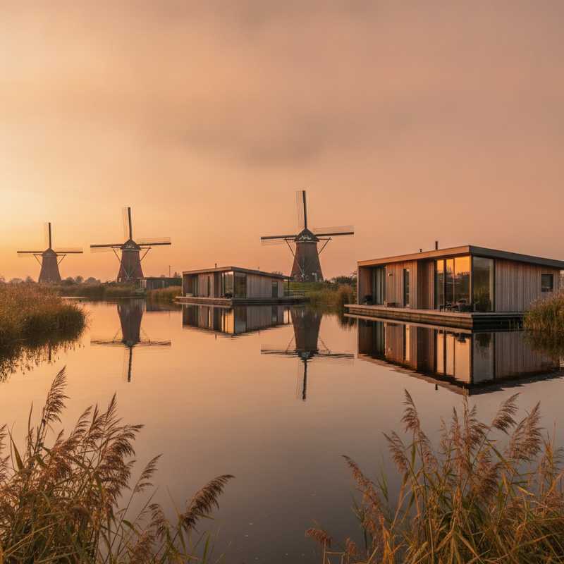 Moderne drijvende huizen op kalm water met weerspiegeling tijdens zonsondergang in Nederlands landschap