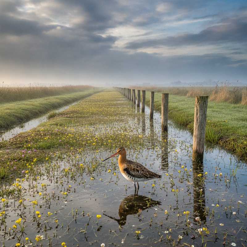 Grutto vogel staat in ondiep water in Nederlands polderlandschap met bloeiende kruiden en sloten