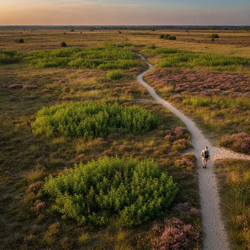 Heideveld met paarse heide en verruiging, wandelaar op pad, gouden avondlicht symboliseert traag natuurherstel in Nederland