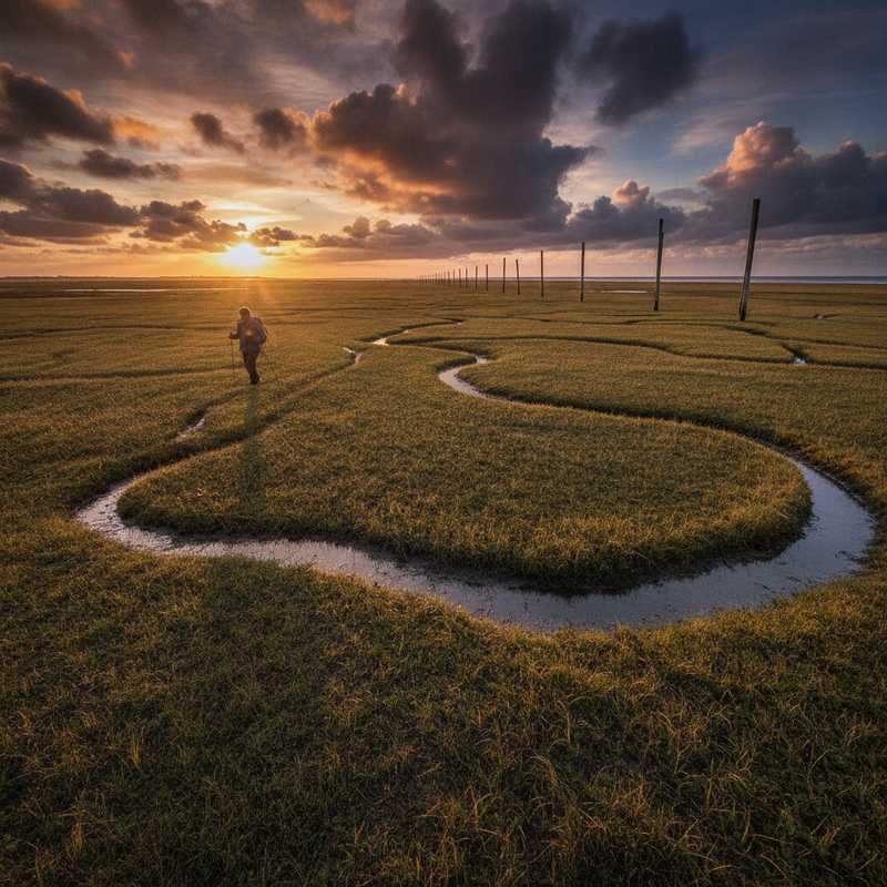 Wandelaar op kwelder van Waddeneiland bij zonsondergang met wijds uitzicht over beschermd natuurgebied