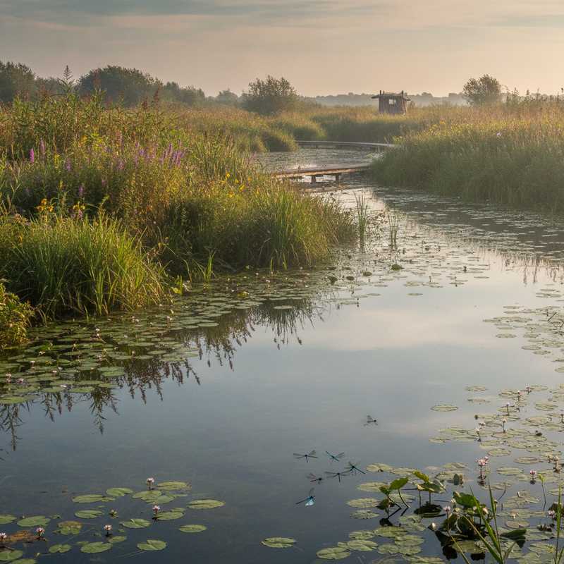 Nederlands moerasgebied met helder water en waterplanten als voorbeeld van natuurherstel