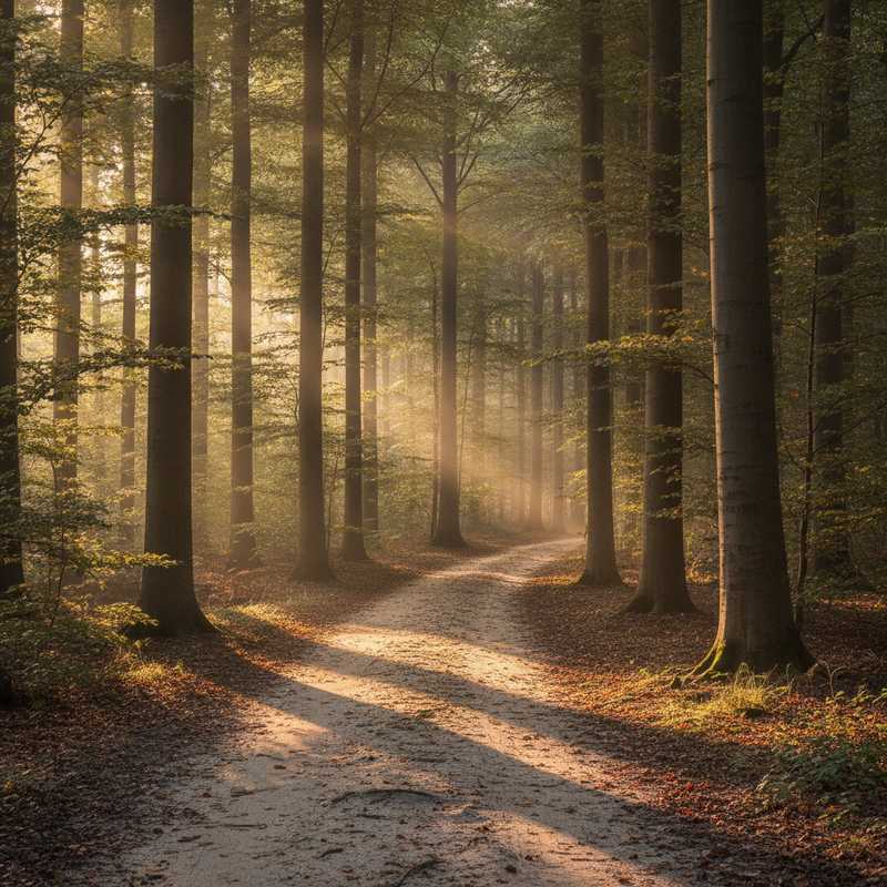 Zonsopgang door bomen op bospad in Nederland tijdens hittegolf
