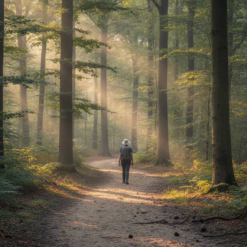 Wandelaar met hoed op bospad in ochtendlicht met schaduwrijke bomen tijdens hitte