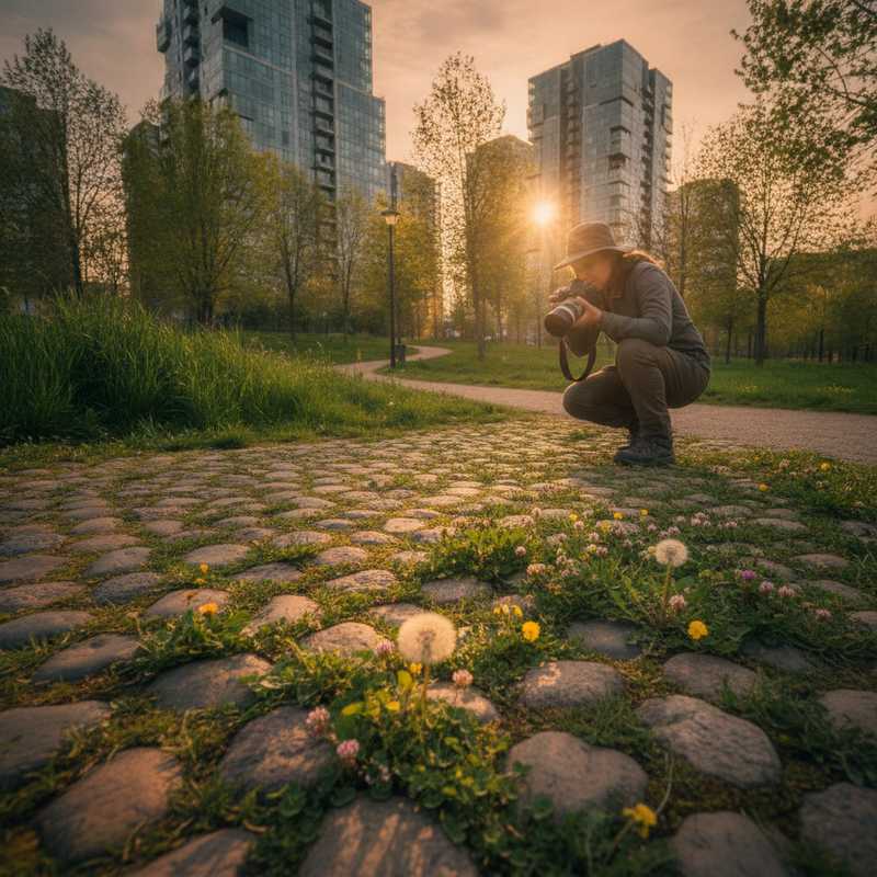 Fotograaf maakt macrofoto's van wilde bloemen in stedelijk park met gebouwen op achtergrond