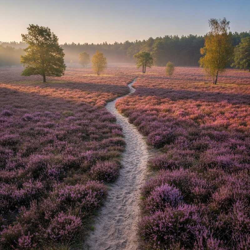Nederlands heidegebied met paarse heide en wandelpad, representatief voor Natura 2000-gebieden die stikstofbufferzones krijgen
