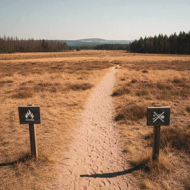Droog heidelandschap in Zuid-Limburg met waarschuwingsborden voor natuurbrandgevaar en wandelpad