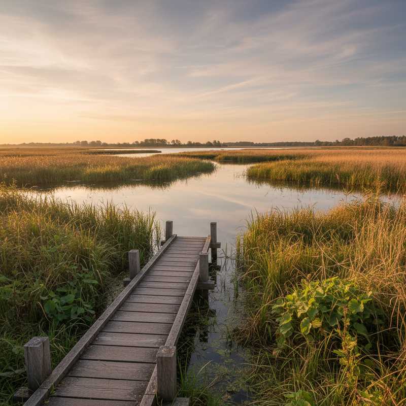 Uitgestrekt rietmoeras in het Naardermeer met kalm water en houten wandelpad, Nederlands natuurgebied