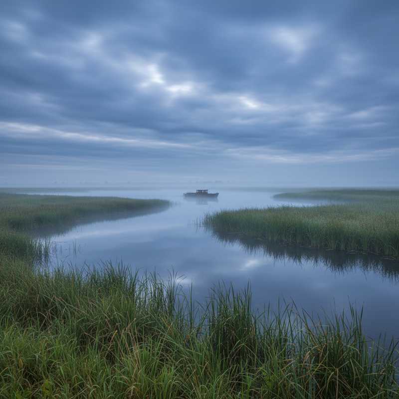 Mistig ochtendlandschap van het Naardermeer met rietkragen en open water in natuurreservaat