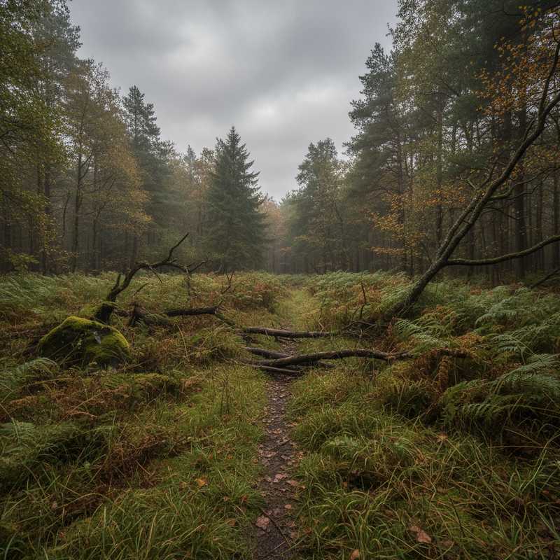 Overgroeid bospad met gevallen takken en wild groeiende vegetatie door achterstallig onderhoud in Nederlands natuurgebied