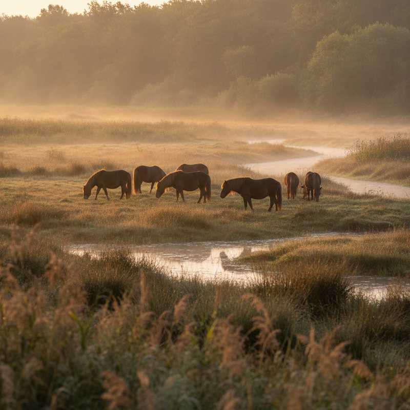 Kudde Exmoorpony's in mistig moeraslandschap bij zonsopkomst in natuurgebied KempenBroek