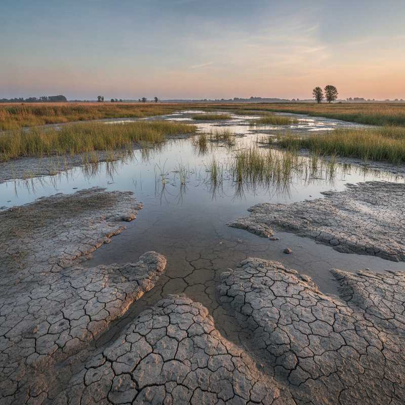 Close-up van natte kleibodem met ondiep water en opkomende rietvegetatie in Nationaal Park Nieuw Land