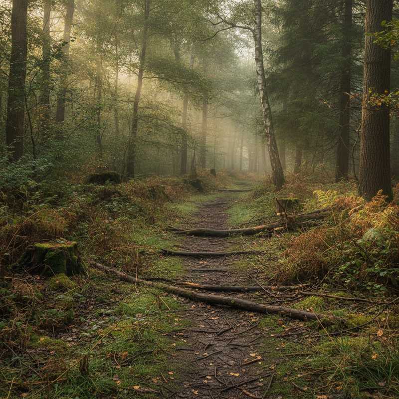 Ononderhouden wandelpad in Nederlands bos met omgevallen takken en overgroeiing