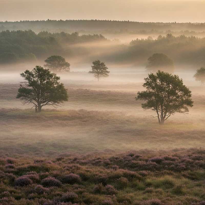 Veluwse natuurgebied met bos en heide onder ochtendlicht