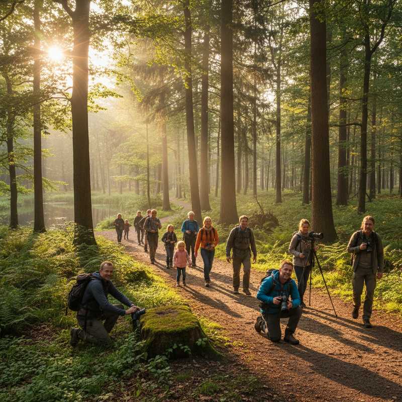 Diverse groep wandelaars op bospad in Nederlands nationaal park met zonlicht door bomen