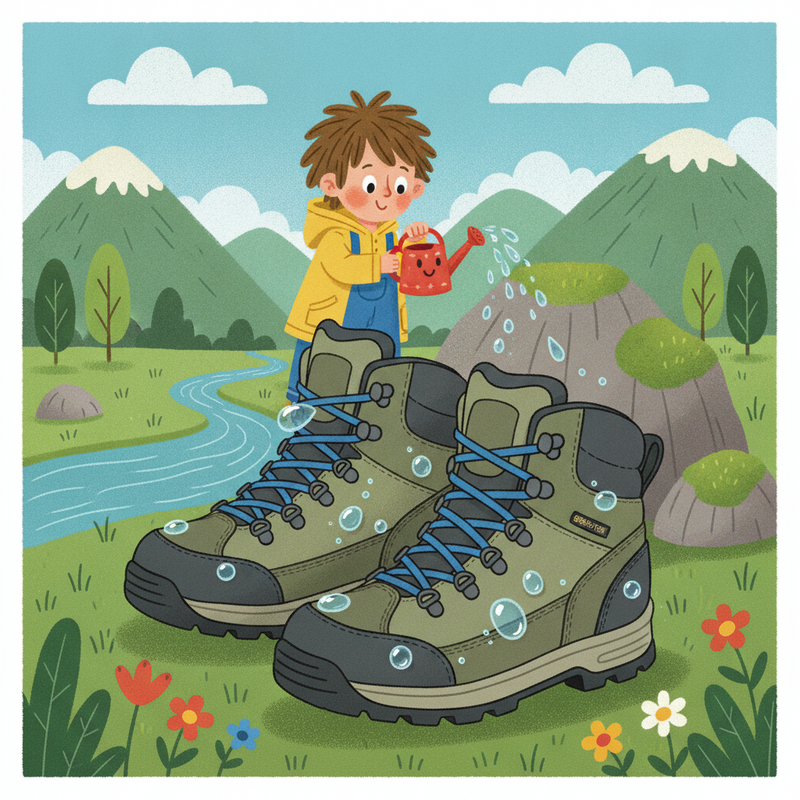 Een illustratie van twee schone Gore-Tex wandelschoenen waarop waterdruppels afparelen, met een kind dat toekijkt met een gieter in een tuin. Dit symboliseert het impregneren en de waterafstotendheid van de schoenen.