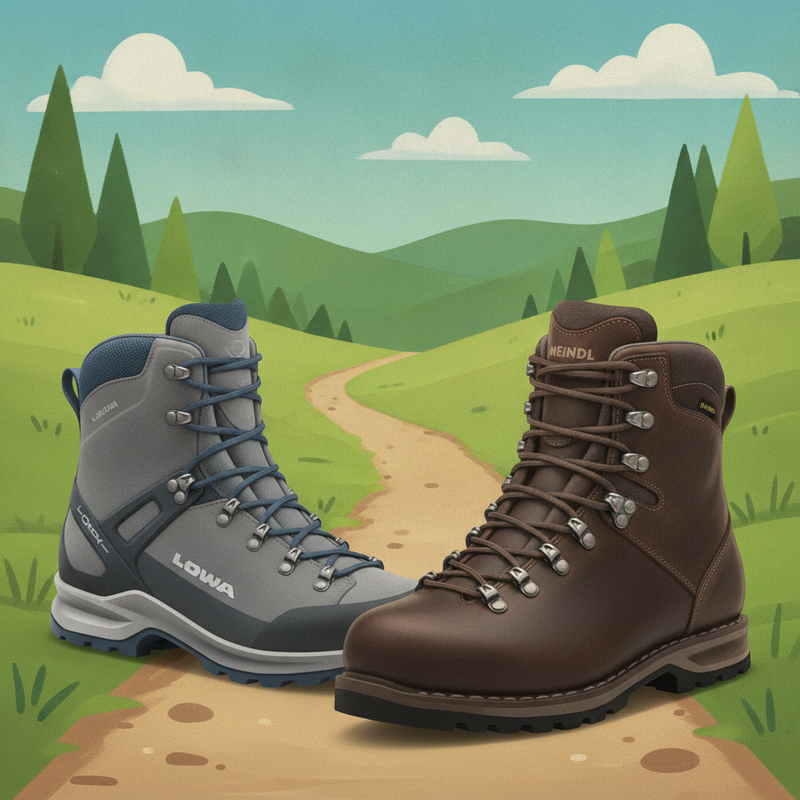 Een kleurrijke illustratie van twee verschillende wandelschoenen op een wandelpad. Links staat een slankere, modern ogende schoen. Rechts staat een robuustere, traditionele leren schoen. Op de achtergrond zijn gestileerde groene heuvels en een blauwe lucht te zien.