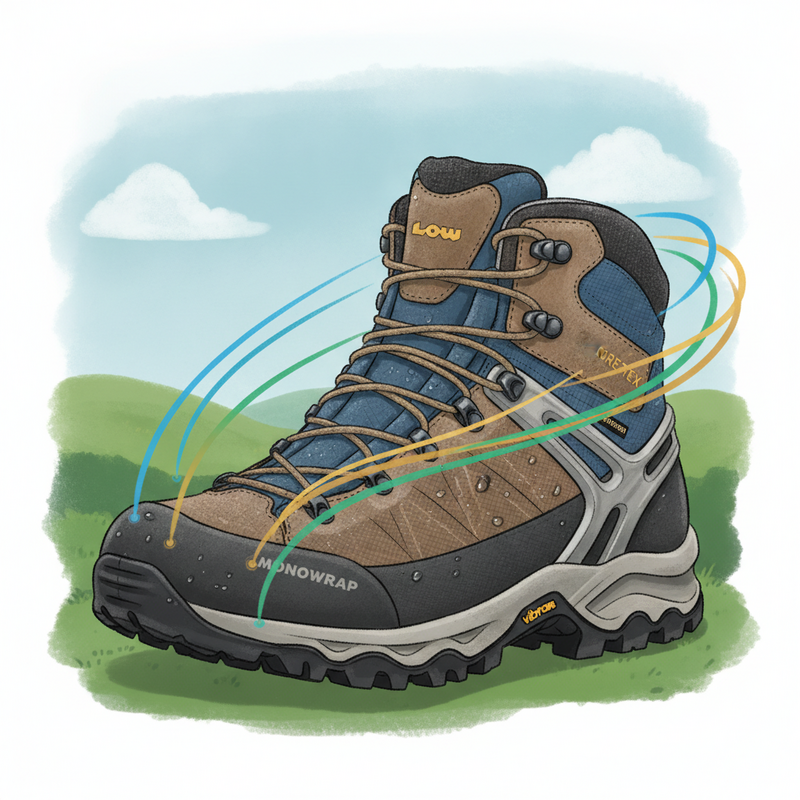 Een gedetailleerde, kleurrijke illustratie van een Lowa wandelschoen voor heren, waarbij de verschillende technologische lagen en structuren subtiel worden gevisualiseerd tegen een achtergrond van een bergachtig landschap, wat de duurzaamheid, stabiliteit en comfort van de schoen benadrukt.