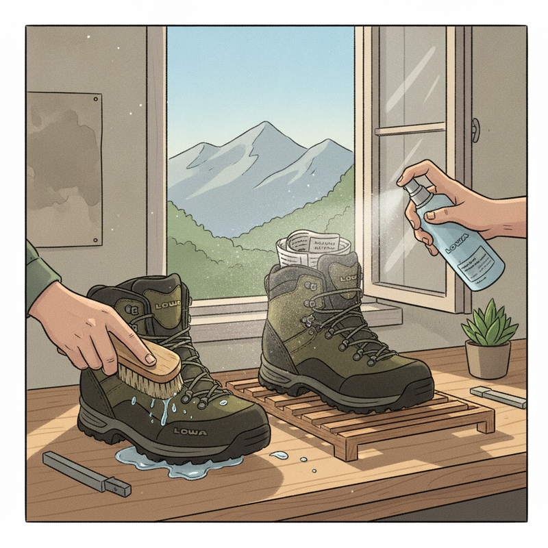 Een kleurrijke tekening van Lowa wandelschoenen die worden schoongemaakt, gedroogd en geïmpregneerd, met een hand die een spray aanbrengt en een borstel.